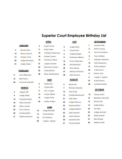 superior court employee birthday list
