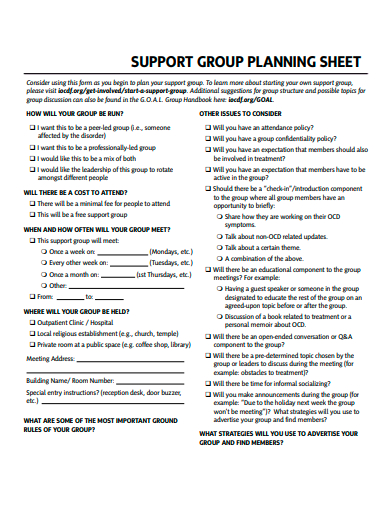 support group planning sheet