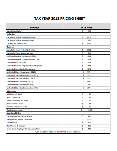 tax year pricing sheet