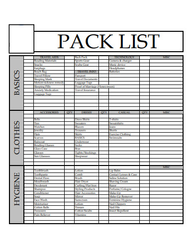 travel packing list example