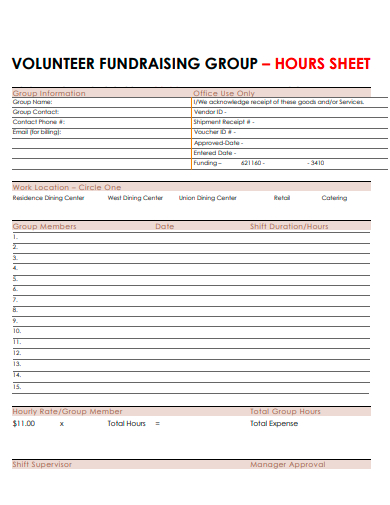 volunteer fundraising group hours sheet