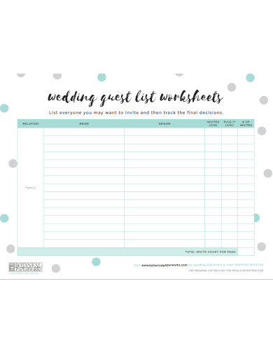 wedding guest list worksheets