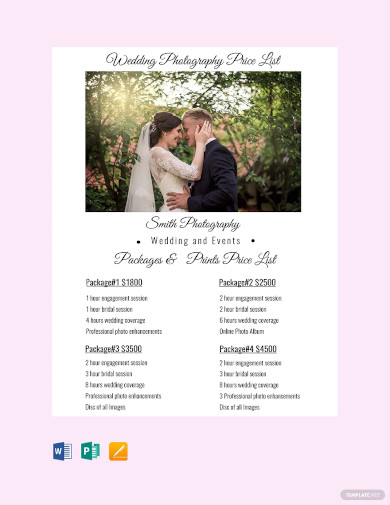 wedding photography price list