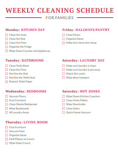 weekly cleaning schedule example