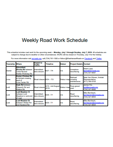 weekly road work schedule