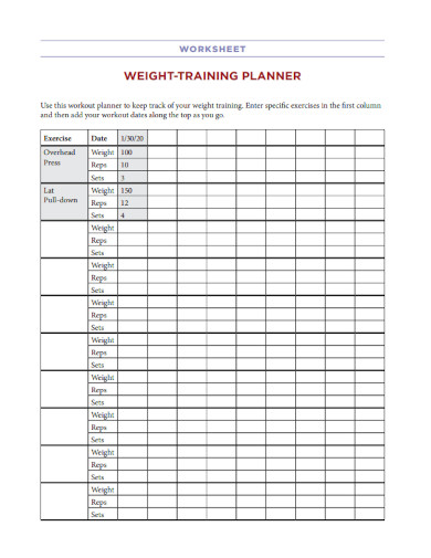 weight workout training planner 