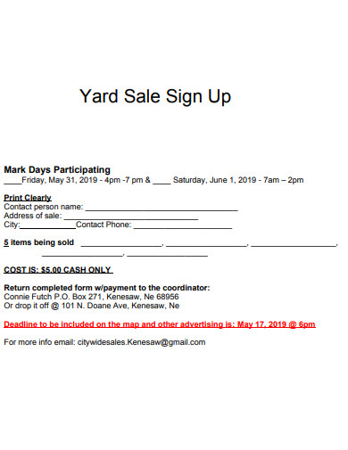 yard sale sign up sheet