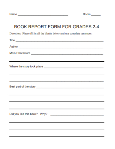4th grade book report form