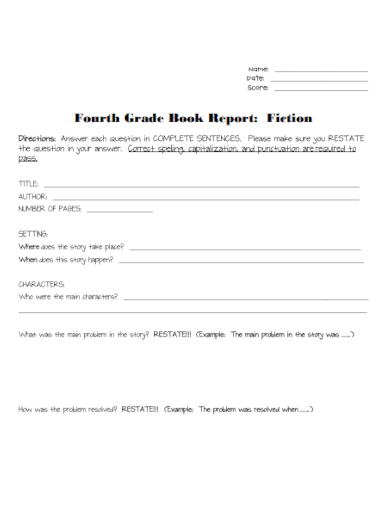 4th grade fiction book report
