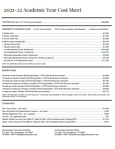academic year cost sheet