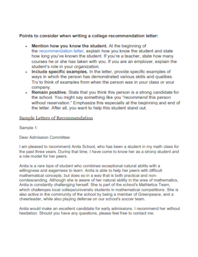 admission recommendations letter