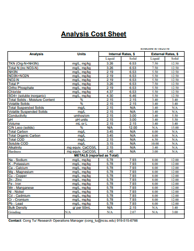 analysis cost sheet