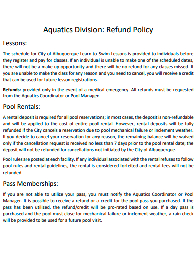aquatics division refund policy
