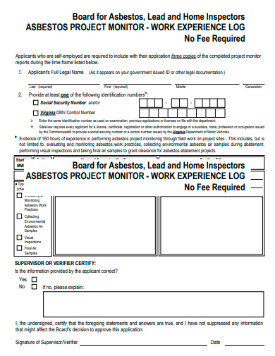 asbestos project monitor work experience log