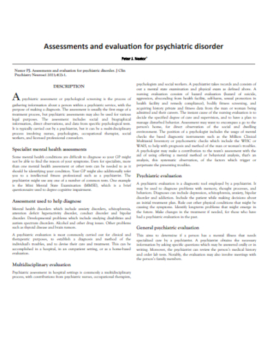 assessment and evaluation for psychiatric disorder