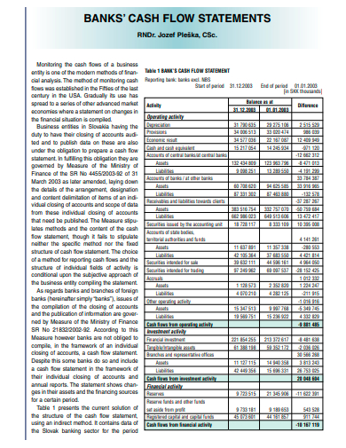 banks cash flow statement