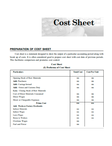 basic cost sheet