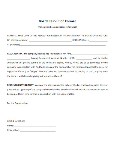 board corporate resolution format 