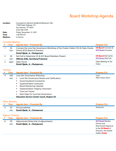 board workshop agenda