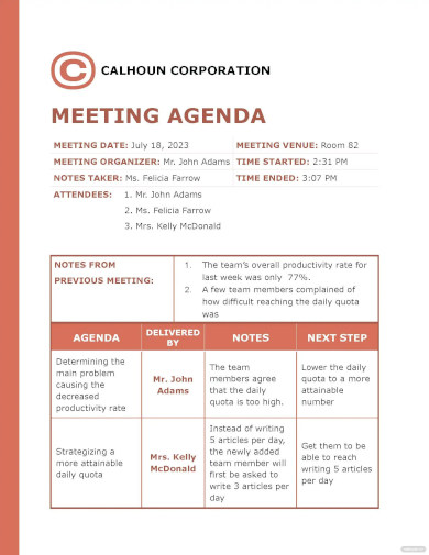 business meeting agenda template