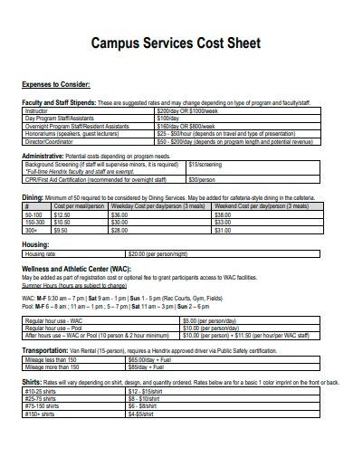 campus services cost sheet