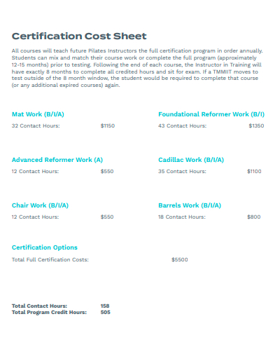 certification cost sheet