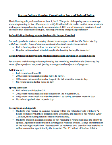 college housing cancellation fee and refund policy
