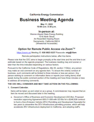 commission business meeting agenda