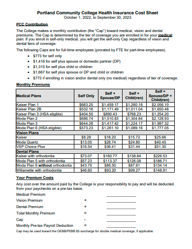 community college health insurance cost sheet