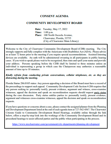 community development board consent agenda