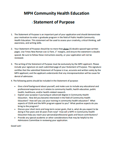 community health education statement of purpose