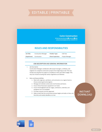 construction roles and responsibilities template