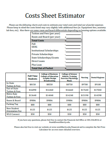 cost sheet estimator