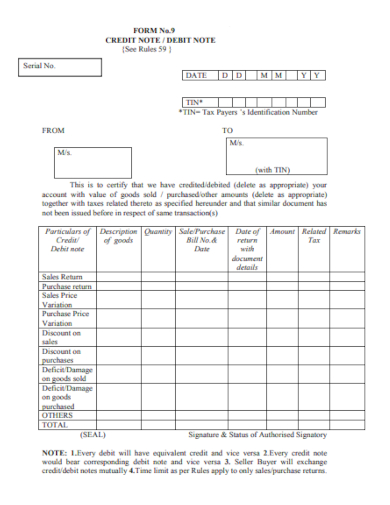 credit and debit note form
