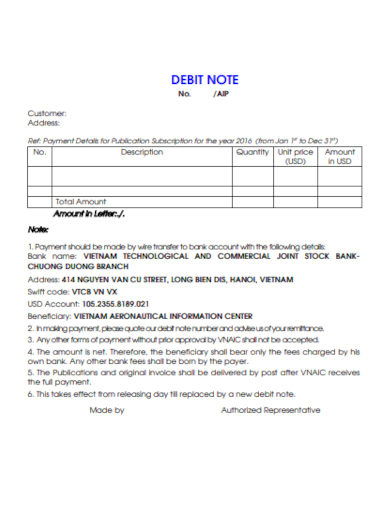 customer payment debit note