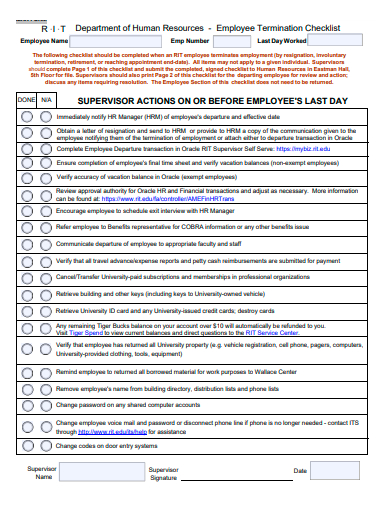 department of human resources employee termination checklist