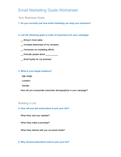 email marketing goals worksheet
