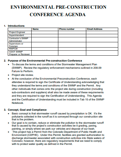environmental pre construction conference agenda