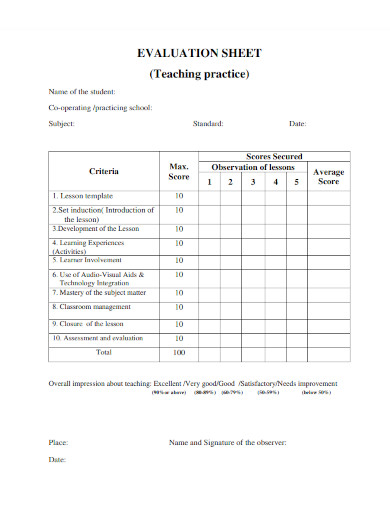 evaluation sheet template 
