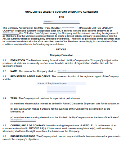 final limited liability company operating agreement