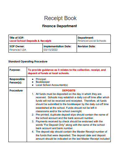 finance department receipt book