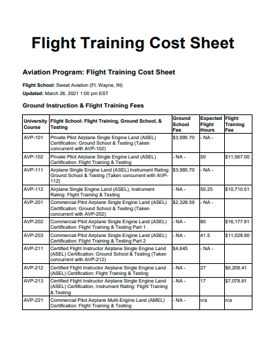 flight training cost sheet