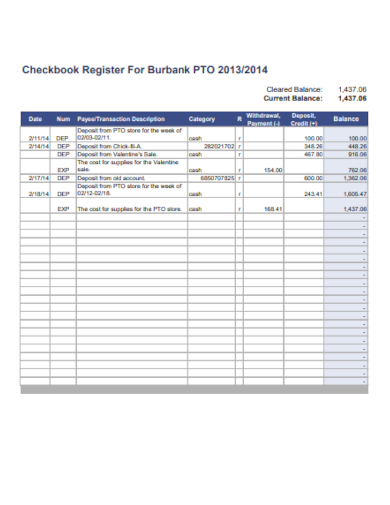 formal checkbook register