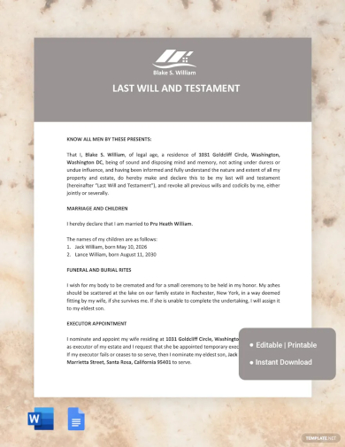 free blank last will and testament template