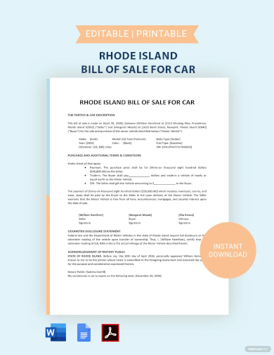 free rhode island bill of sale for car form