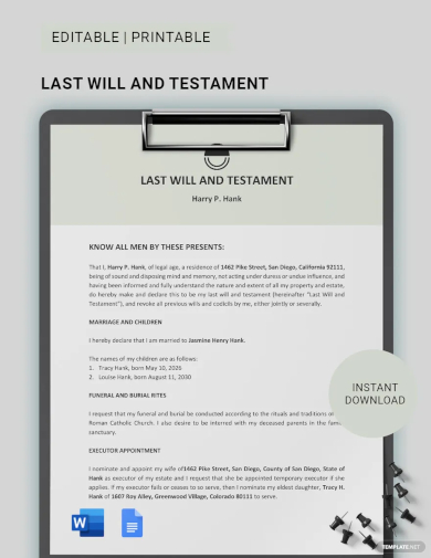 free sample last will and testament template