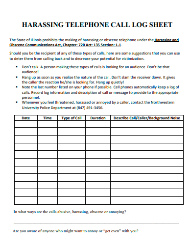 harassing telephone call log sheet