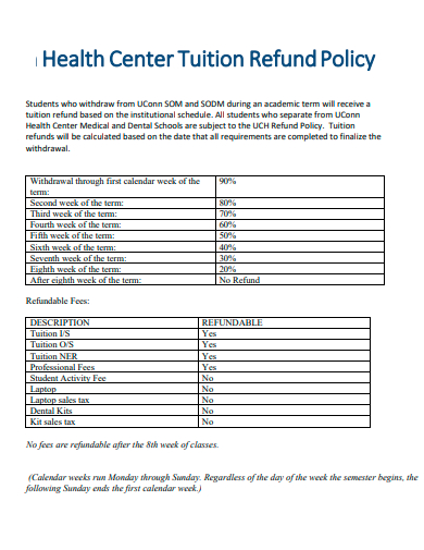 health center tuition refund policy