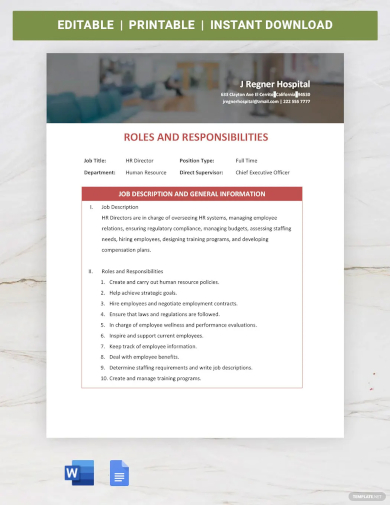 hr roles and responsibilities template