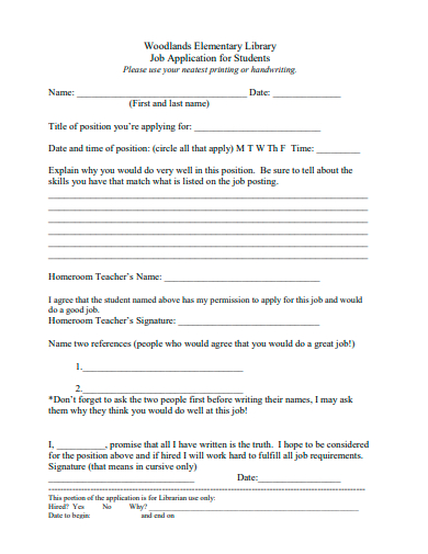 job application for students
